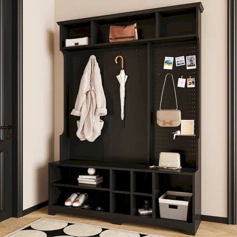 Hall Tree with Shoe Bench, Coat Rack, Storage Shelves and Pegboard - 5 in 1