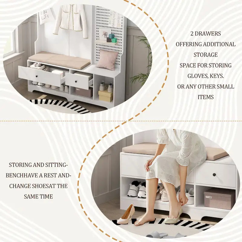 Hall Tree with Shoe Bench, Coat Rack, Storage Shelves and Pegboard - 5 in 1