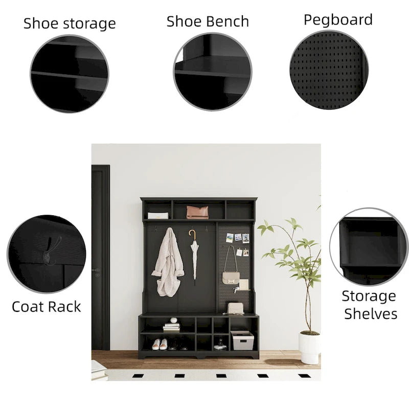Hall Tree with Shoe Bench, Coat Rack, Storage Shelves and Pegboard - 5 in 1