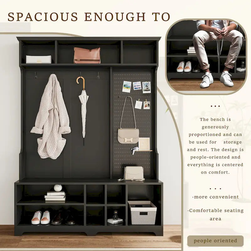 Hall Tree with Shoe Bench, Coat Rack, Storage Shelves and Pegboard - 5 in 1