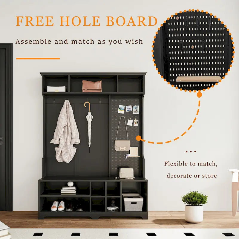 Hall Tree with Shoe Bench, Coat Rack, Storage Shelves and Pegboard - 5 in 1