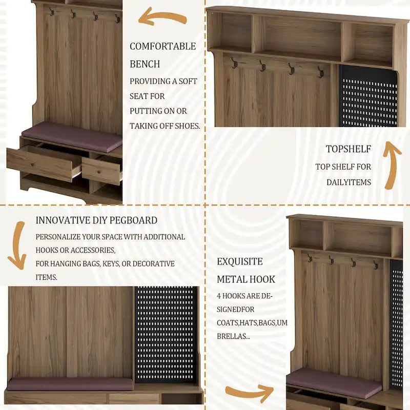 Hall Tree with Shoe Bench, Coat Rack, Storage Shelves and Pegboard - 5 in 1