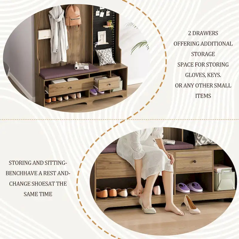 Hall Tree with Shoe Bench, Coat Rack, Storage Shelves and Pegboard - 5 in 1