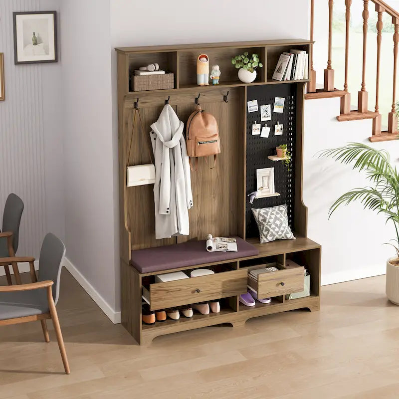 Hall Tree with Shoe Bench, Coat Rack, Storage Shelves and Pegboard - 5 in 1