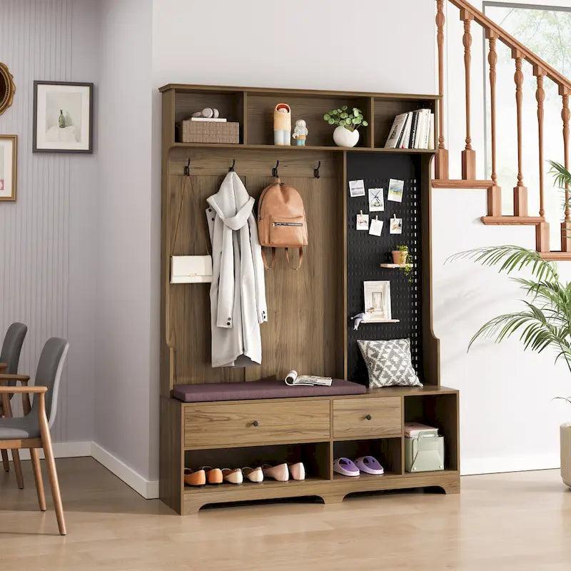 Hall Tree with Shoe Bench, Coat Rack, Storage Shelves and Pegboard - 5 in 1