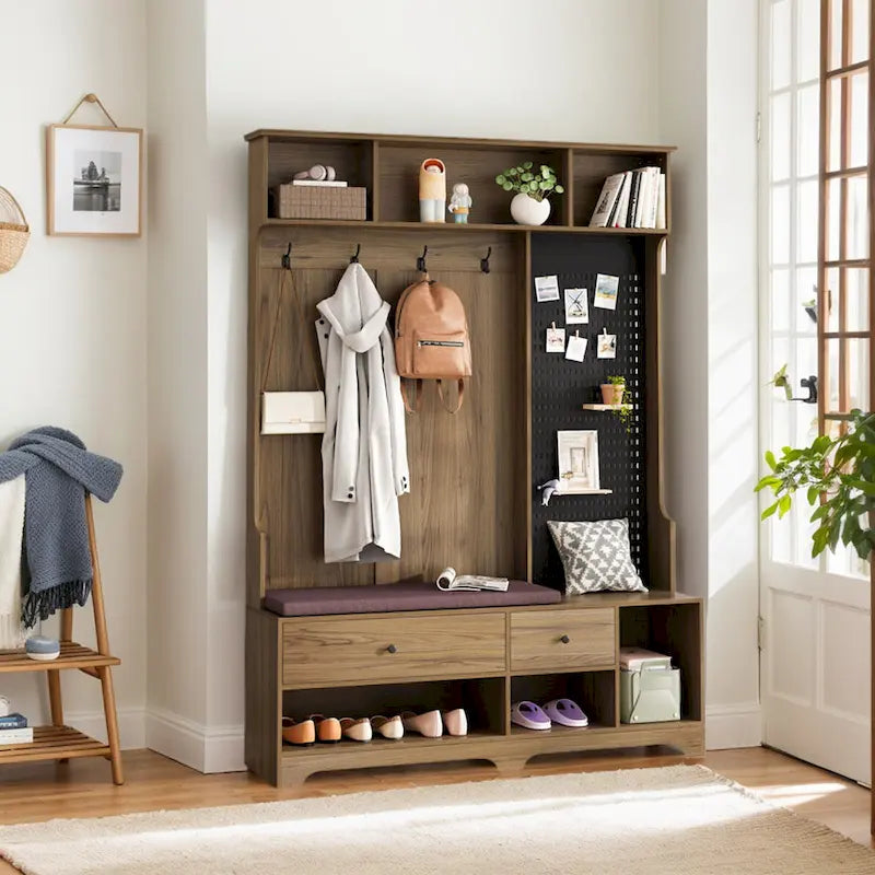 Hall Tree with Shoe Bench, Coat Rack, Storage Shelves and Pegboard - 5 in 1