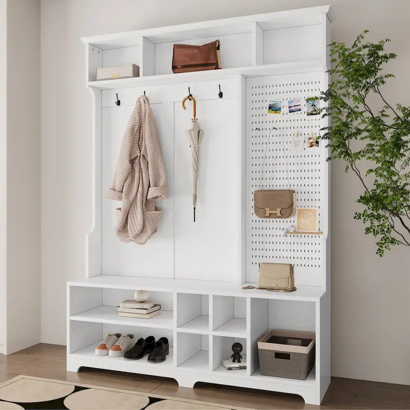 Hall Tree with Shoe Bench, Coat Rack, Storage Shelves and Pegboard - 5 in 1