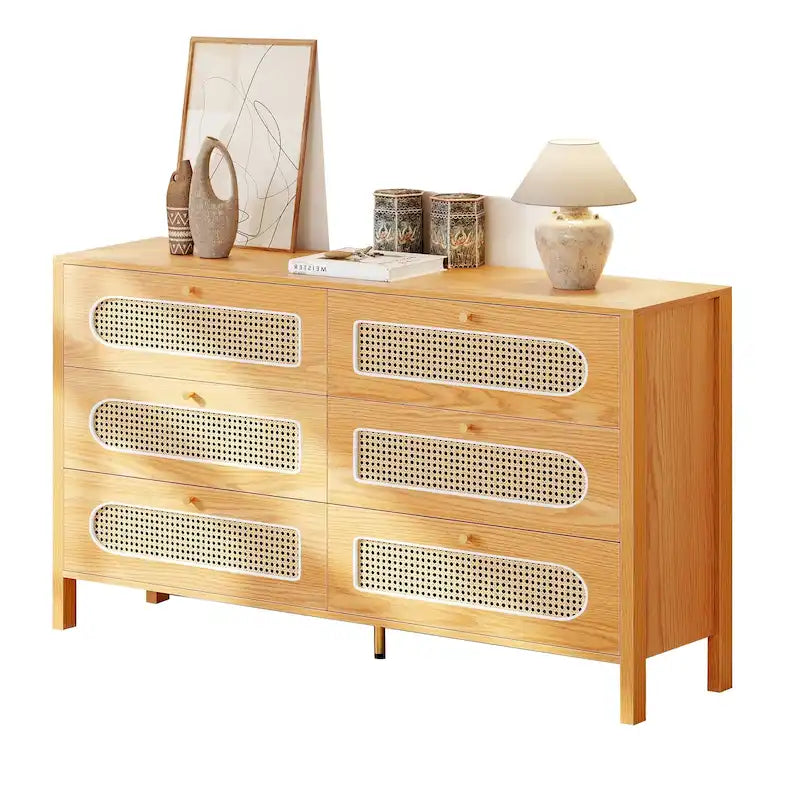 6-Drawer Dresser Chest with Rattan Fronts and Gold Handles - Mid-Century Style