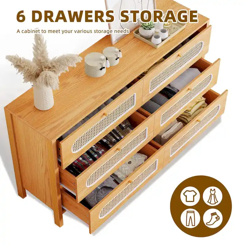 6-Drawer Dresser Chest with Rattan Fronts and Gold Handles - Mid-Century Style