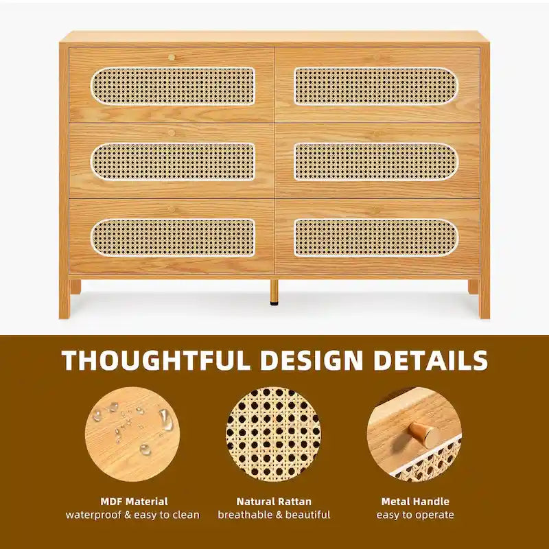 6-Drawer Dresser Chest with Rattan Fronts and Gold Handles - Mid-Century Style