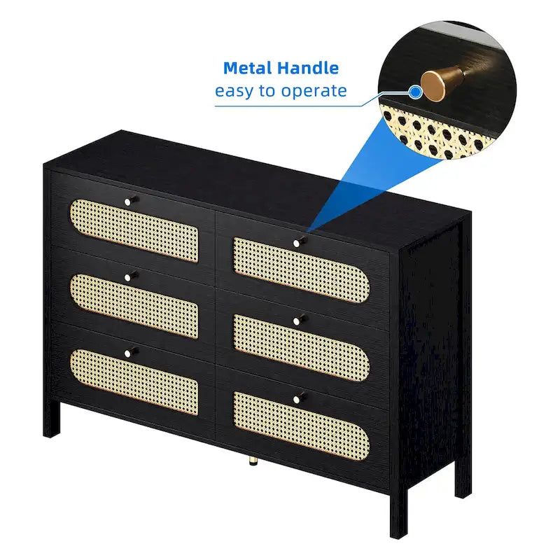 6-Drawer Dresser Chest with Rattan Fronts and Gold Handles - Mid-Century Style