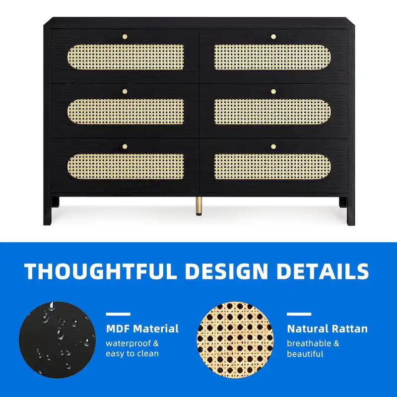 6-Drawer Dresser Chest with Rattan Fronts and Gold Handles - Mid-Century Style