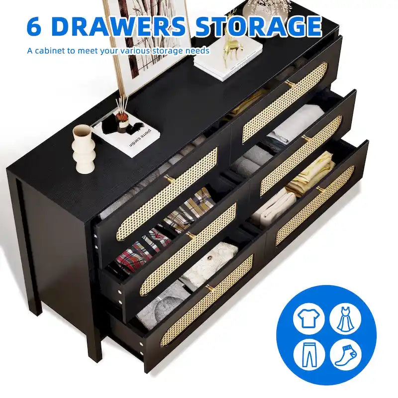6-Drawer Dresser Chest with Rattan Fronts and Gold Handles - Mid-Century Style