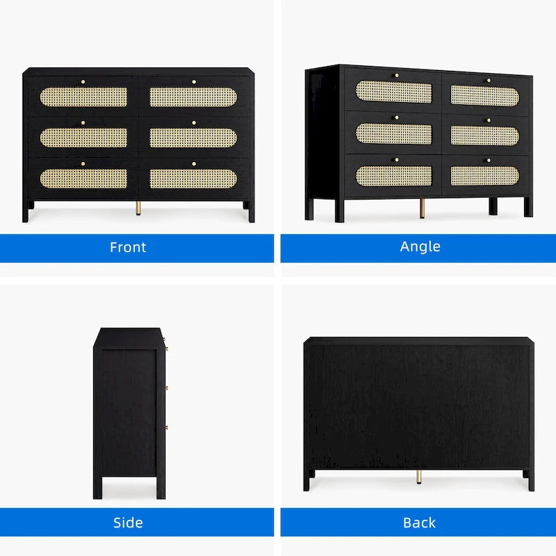 6-Drawer Dresser Chest with Rattan Fronts and Gold Handles - Mid-Century Style