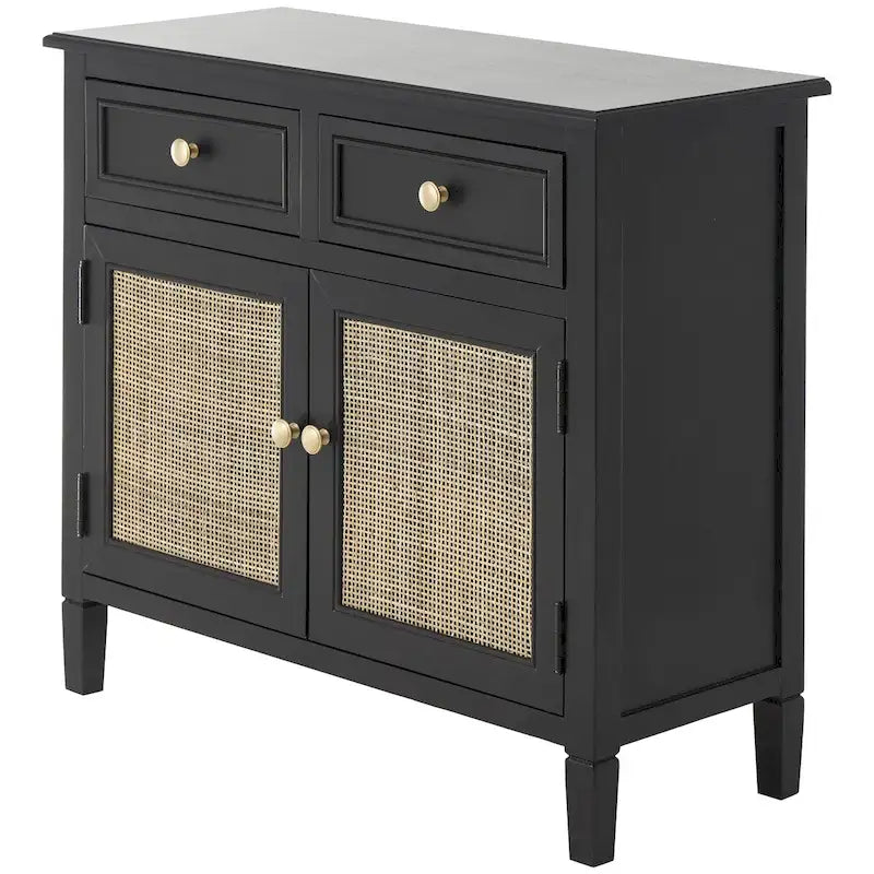 Handmade Black Wood Storage Cabinet with Rattan Front, 2 Drawers and 2 Doors