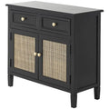 Handmade Black Wood Storage Cabinet with Rattan Front, 2 Drawers and 2 Doors