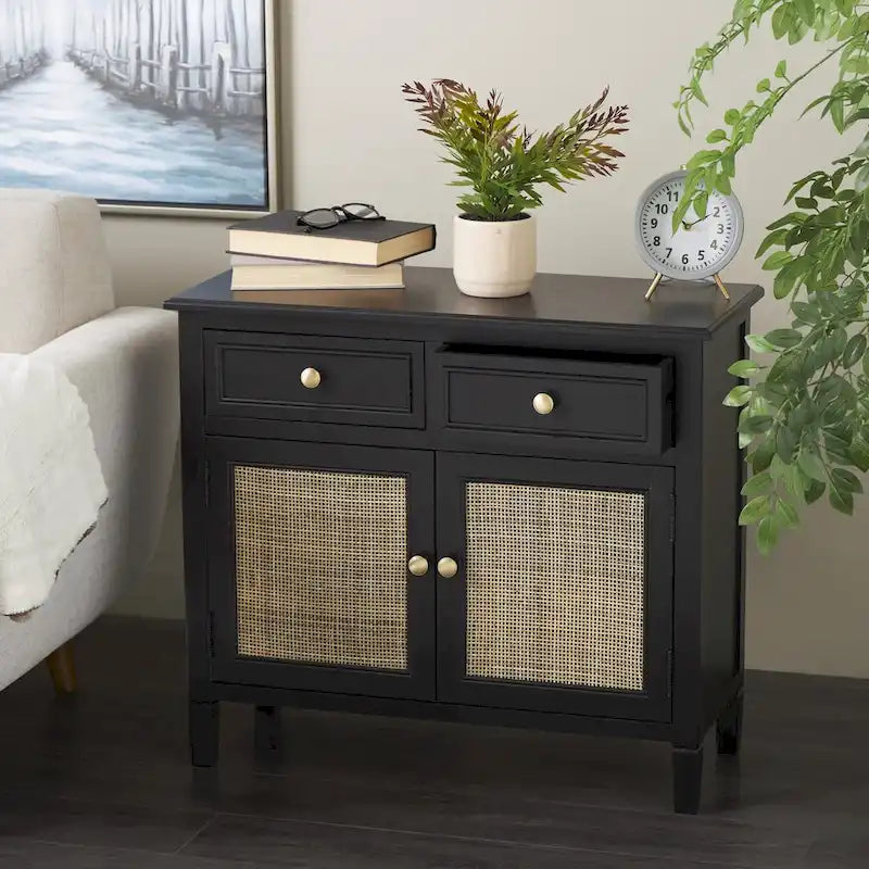 Handmade Black Wood Storage Cabinet with Rattan Front, 2 Drawers and 2 Doors