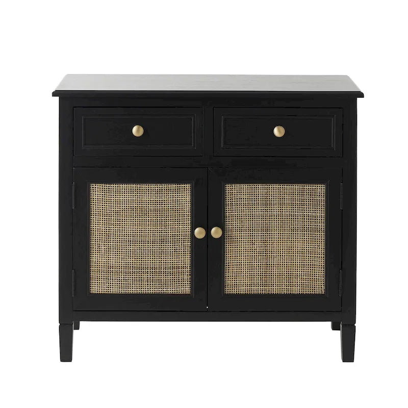 Handmade Black Wood Storage Cabinet with Rattan Front, 2 Drawers and 2 Doors