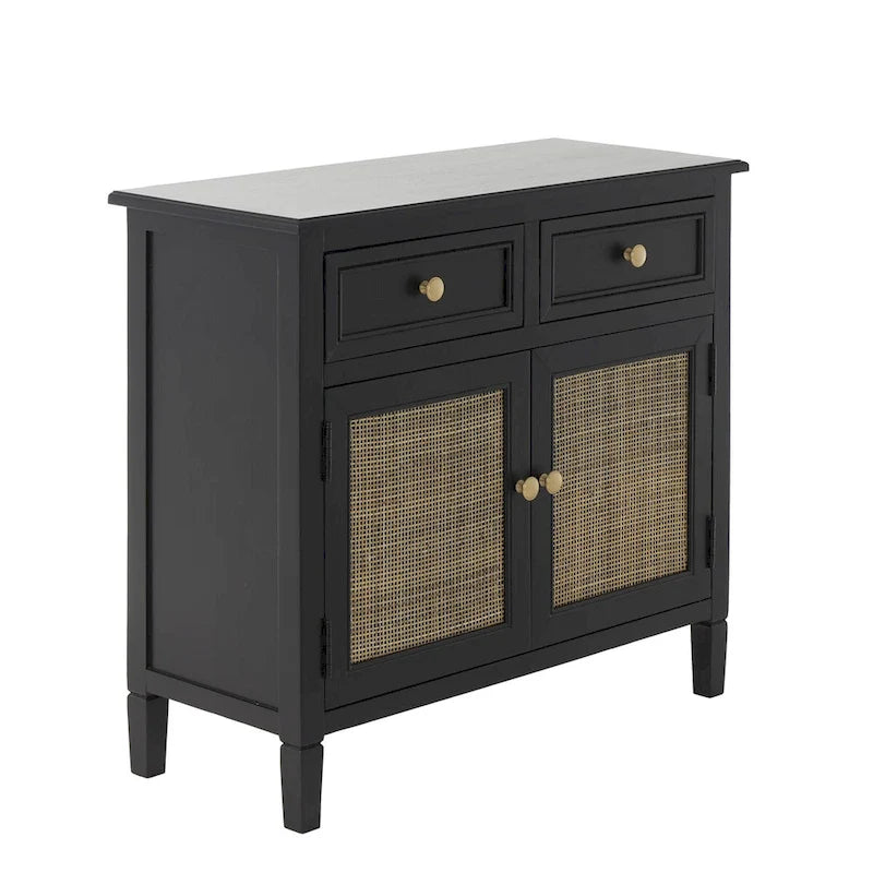 Handmade Black Wood Storage Cabinet with Rattan Front, 2 Drawers and 2 Doors