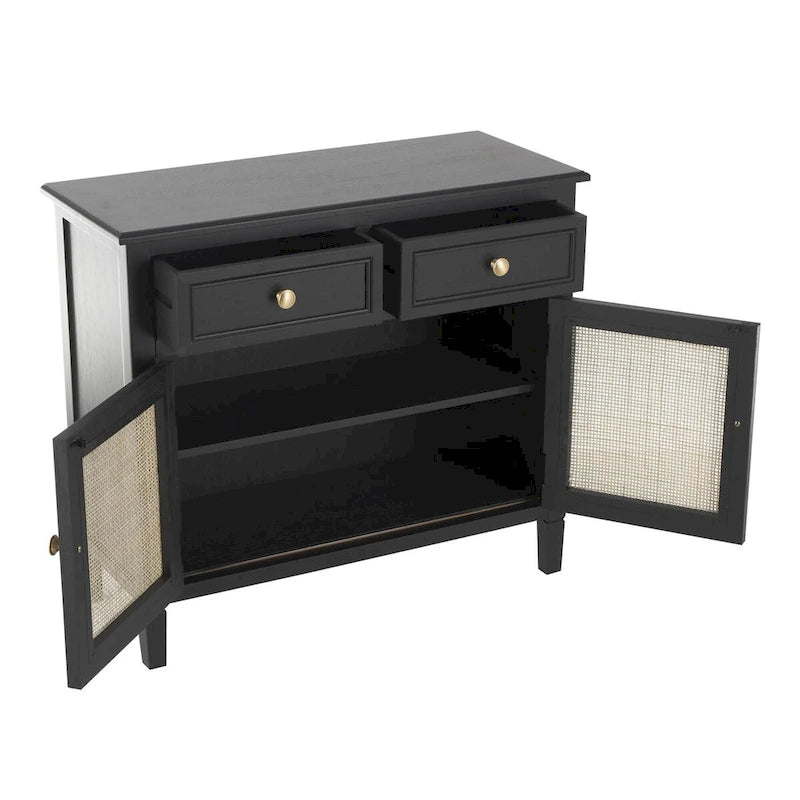 Handmade Black Wood Storage Cabinet with Rattan Front, 2 Drawers and 2 Doors