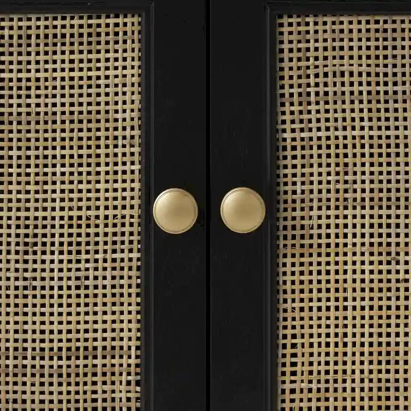 Handmade Black Wood Storage Cabinet with Rattan Front, 2 Drawers and 2 Doors