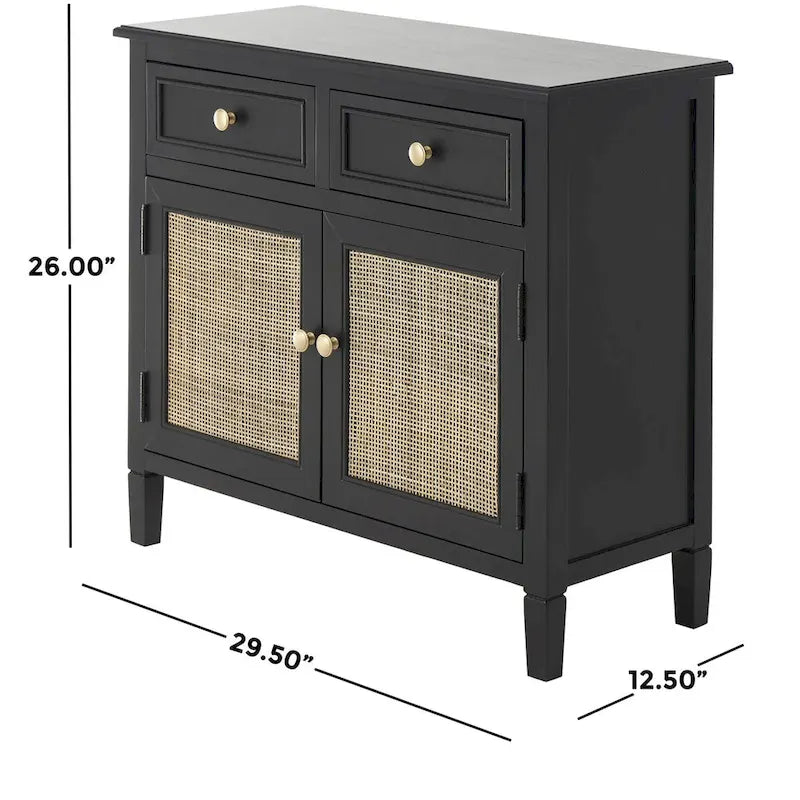 Handmade Black Wood Storage Cabinet with Rattan Front, 2 Drawers and 2 Doors